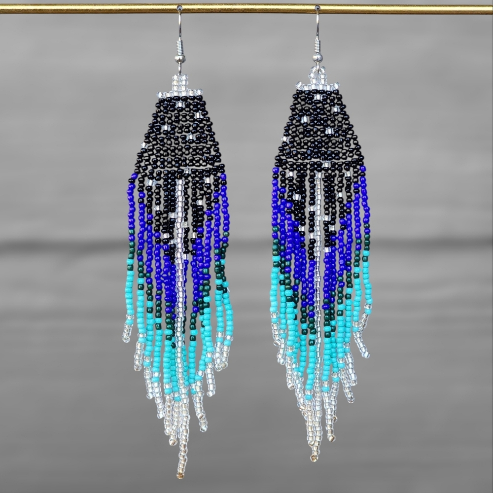 Boho Earrings Handmade Midnight Starry Large Statement Dangle Black Blue